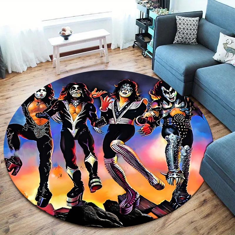 1Pc Kiss Band Rock Legends Print Round Rug Nonslip Floor Mat For Living Room Bedroom Bathroom Holiday Home Decoration