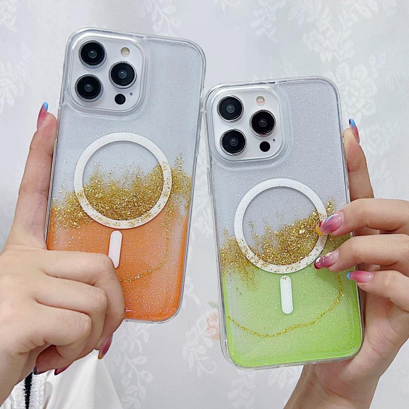 Чехол iPhone15ProMax/14pro/13/12 прозрачный TPU с клеем Quicksand Gold Foil на магнитной присоске