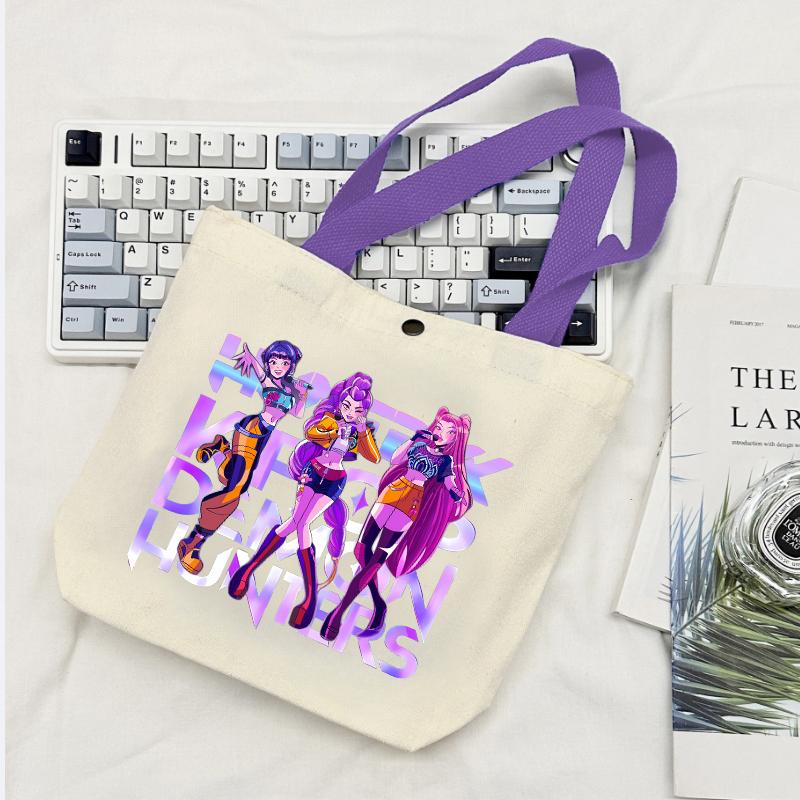 KPop Demon Hunters GIRLS Canvas Shopping Bags Women Cotton Tote Bags Reusable Cartoon Letter Shoulder Bag Grocery Handbag Beige