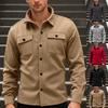 Men's Casual Loose Solid Color Shirt Jacket, Lapel Long Sleeved Button Casual Workwear Jacket