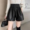 Autumn/Winter 2023 Women's High Waist PU Leather A-Line Shorts - Versatile, Slim Fit, Elastic Waist, Wide-Leg Design.