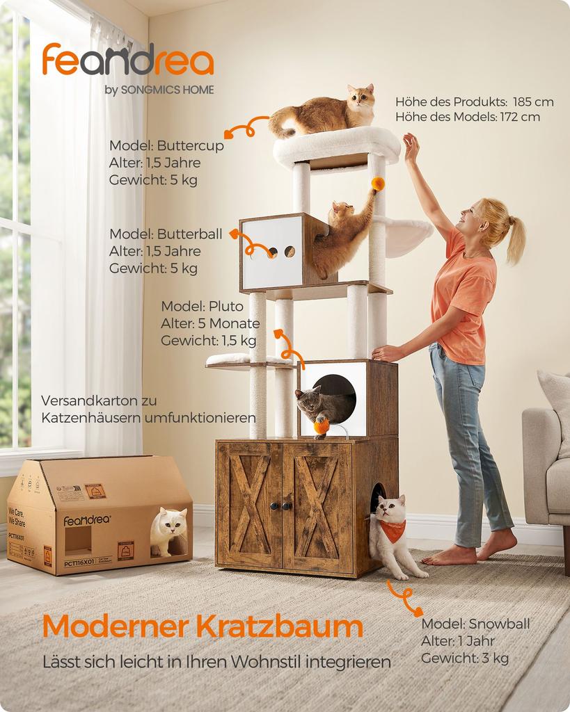 Feandrea Cat Scratching Post with Litter Box 185 cm High Cat Scratching Post Scratching Post Platform Washable Cushion Vintage Brown
