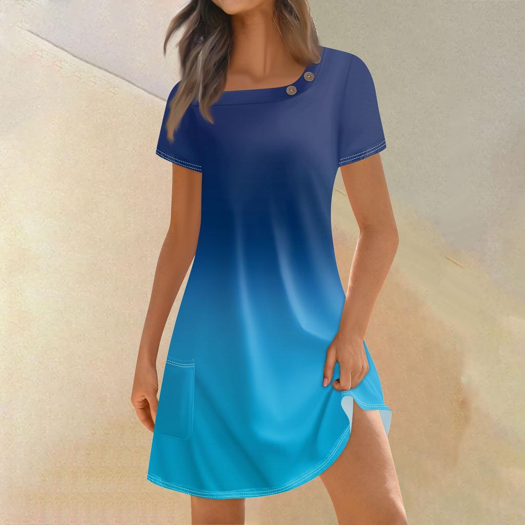 Женская мода, летние платья с квадратным вырезом и короткими рукавами, повседневные свободные платья с карманами и пуговицами, градиентные платья
