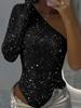Spring and Summer Hot Girl Sexy One Shoulder Tight Rhinestone Sequin Top
