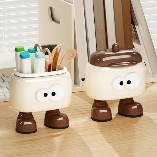 Toothpick Dispenser Pen Holder Cartoon Design Multifunction 2 Grids Covered Tooth Pick Holder Desktop Storage Box