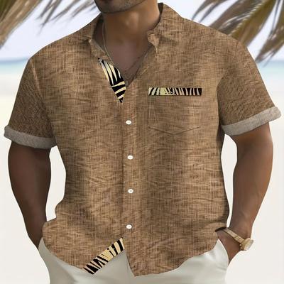 Летняя текстурированная золотая рубашка с цифровым принтом в виде узора из листьев растений, мужская, большого размера, на пуговицах, с карманом, с коротким рукавом, гавайская, повседневный пляжный топ