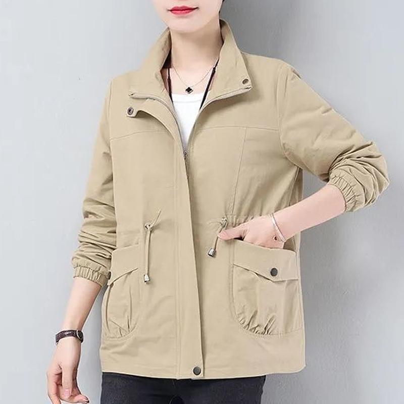 Двухслойная женская ветровка больших размеров на весну-осень в Корейском стиле с подкладкой на шнурке и воротником-стойкой на талии