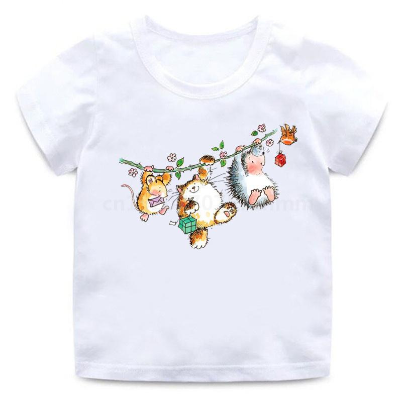 Детские футболки с милым ежиком и животным, забавная забавная футболка для маленьких мальчиков, детские летние топы с короткими рукавами, одежда для девочек