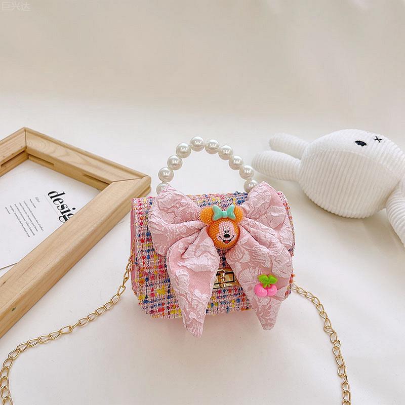 Fashionable Mini Children's Cotton And Linen Bag With Cute Rabbit And Pearl Accessories