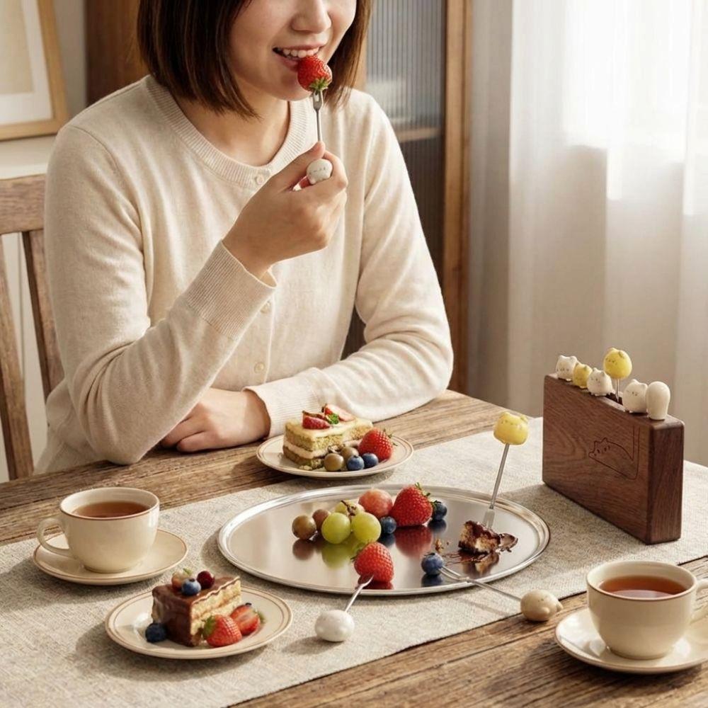 Draining Function Stainless Steel Fork Cartoon Fruit Skewers Cute Fruit Forks Storage Box Kitchen