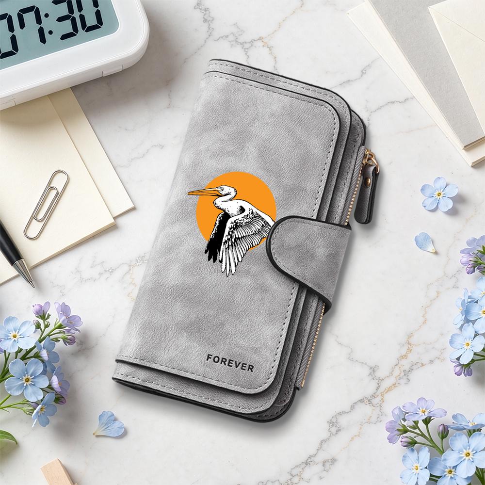 Stylish Heron Pattern Long Wallet Forever Multi Card Holder Zipper Purse for Daily Use