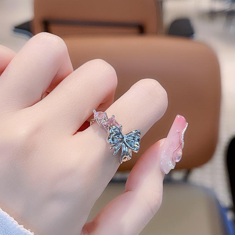 Розовый циркон бант нишевый дизайн набор открытых колец холодный ветер личность передовой смысл указательное кольцо
