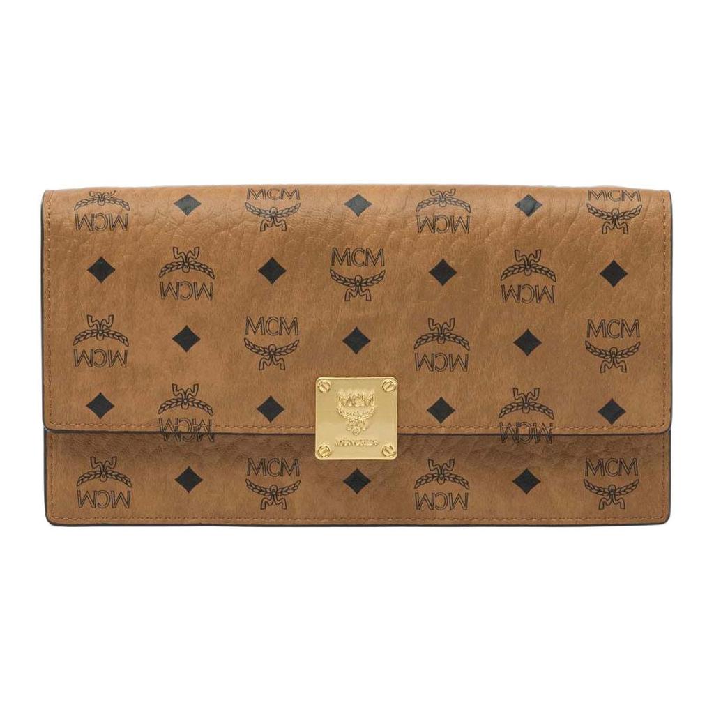 MCM Aren Visetos Classic Pattern Brass Nameplate Faux Leather Wallet Crossbody Bag Large Women bags Brandy MYLFATA01CO001