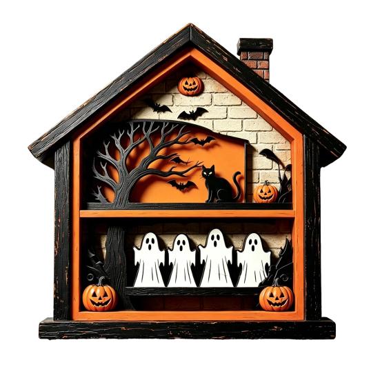 Halloween Wooden Table Sign Ghost Skeleton Block Spooky House Shape Sign Rustic Farmhouse