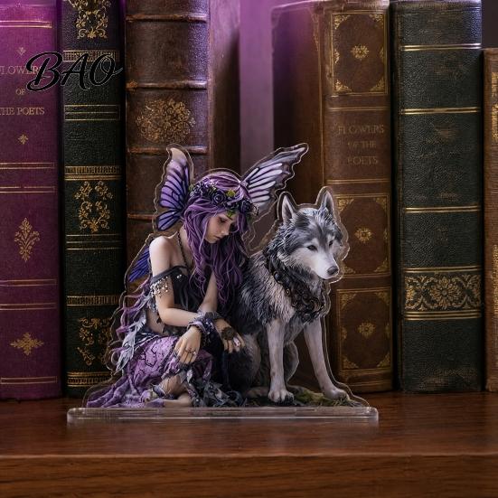 Detailed Fairy Tale Decor And Wolf Ornament, 2D Flat Acrylic Purple Winged Girl with Ornament Statue, Collectible Figurine for Home Office Desk Shelf