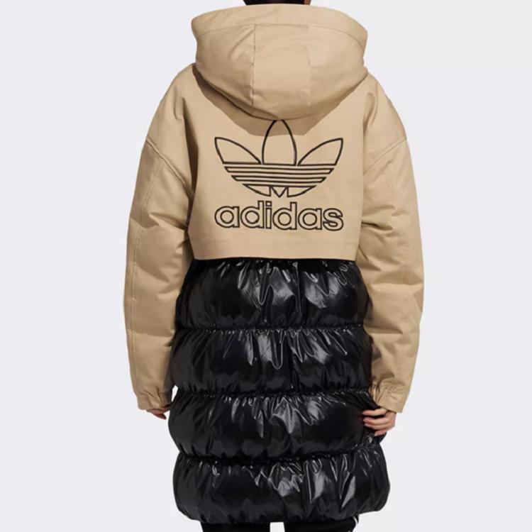 Adidas Женская утепленная парка Originals с цветовыми блоками, вставками и большим логотипом, средней длины, с капюшоном. Верхняя одежда. Хаки HF1585