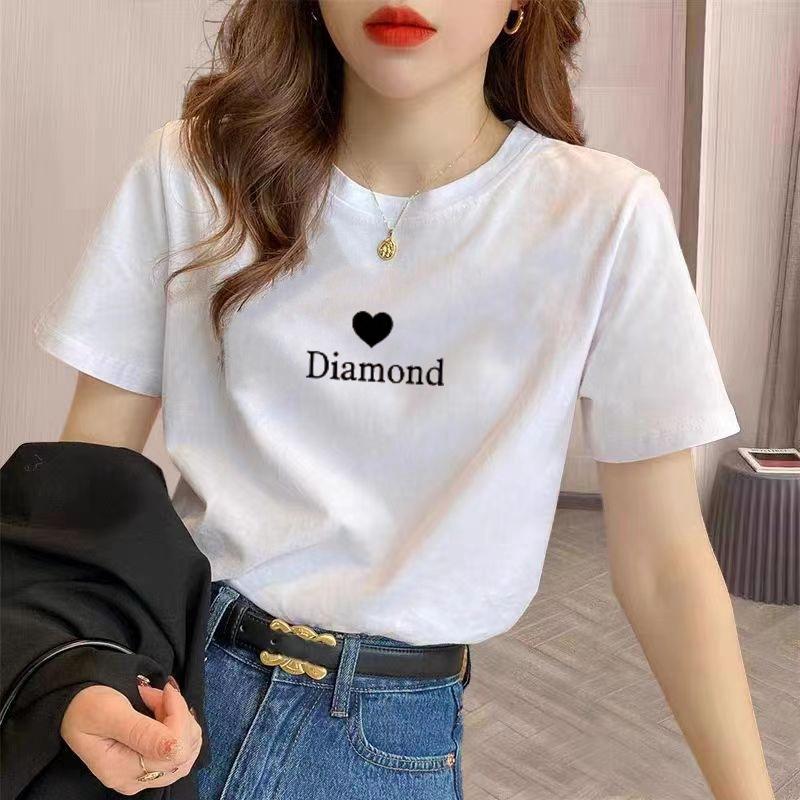 Women's Cotton T-shirt Short-Sleeved Summer Loose Design Printed Shoulder Top