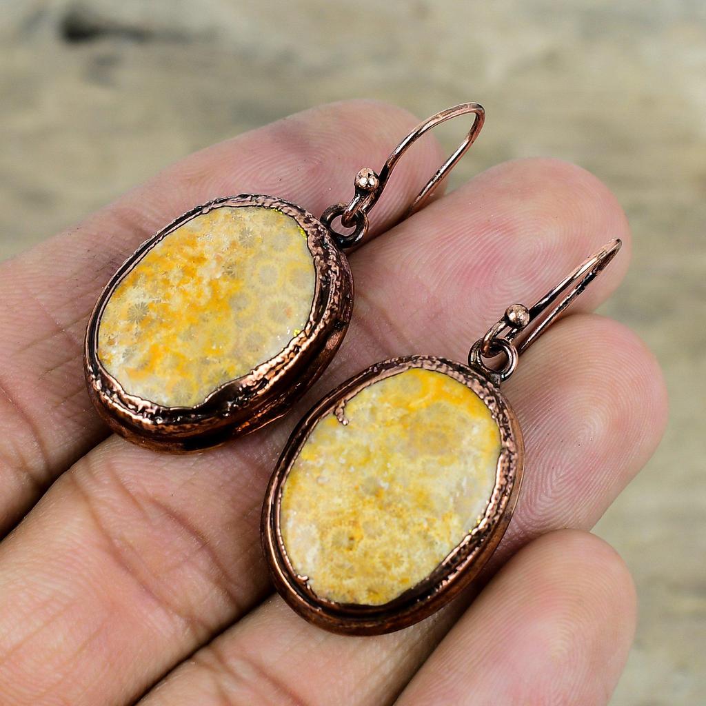 Fossil Coral Earring Electroformed Copper Earrings Gemstone Earring Fossil Coral Jewelry Dangle Earring Handmade Copper Jewelry Wedding Gift