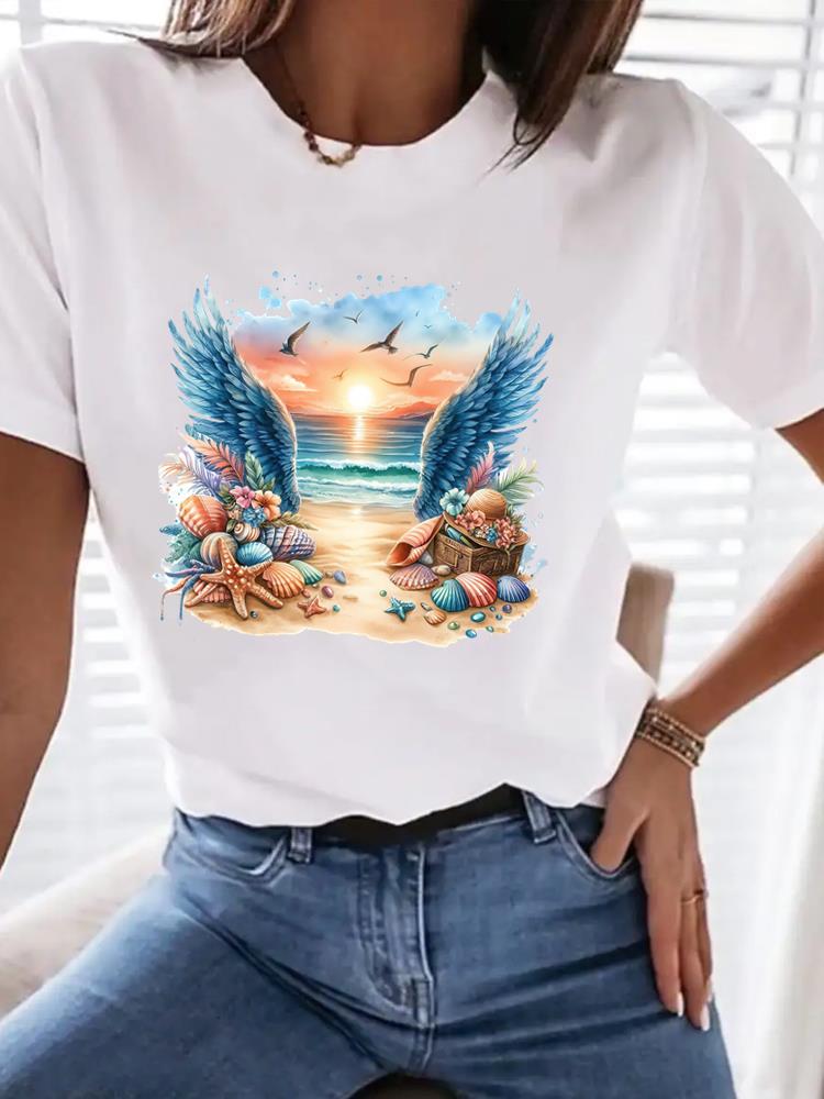 (Asian Size) Clothing T Shirt Tee Top Women Fashion Female Woman Print Sweet Trend 90s Beach Short Sleeve Graphic T-shirts