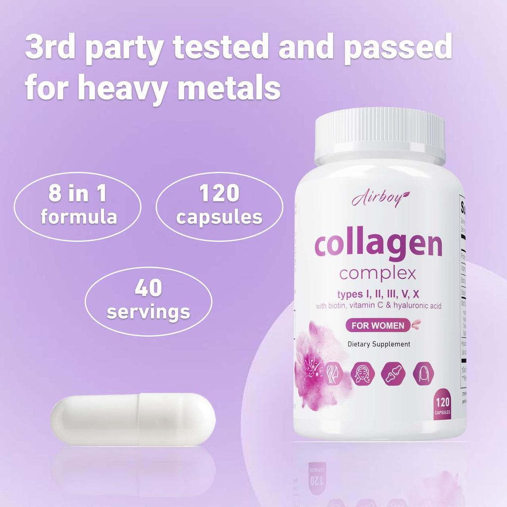 Collagen capsules containing biotin, vitamin C, and hyaluronic acid help maintain skin elasticity and support healthy hair, nails, and joints.