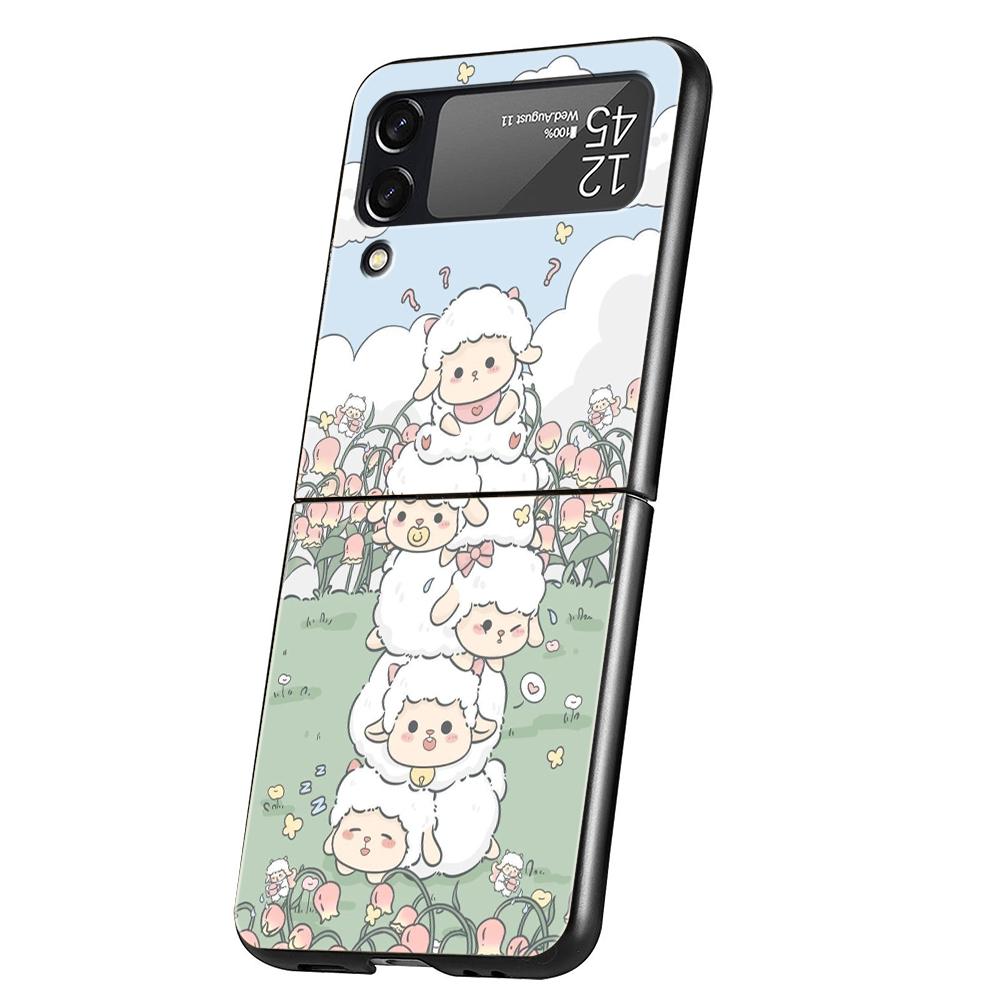 Hard PC Phone Case For Samsung Galaxy Z Flip 7 6 5 4 Black Cover For Galaxy Z Flip 3 Foldable Capas Cute Little Lamb Angel Sheep