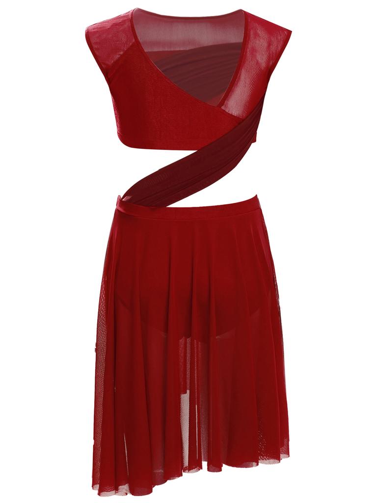 Платье для лирического танца для девочек, цельное, без рукавов, с прозрачной сетчатой вставкой, лоскутное, с асимметричным подолом, костюм для выступления