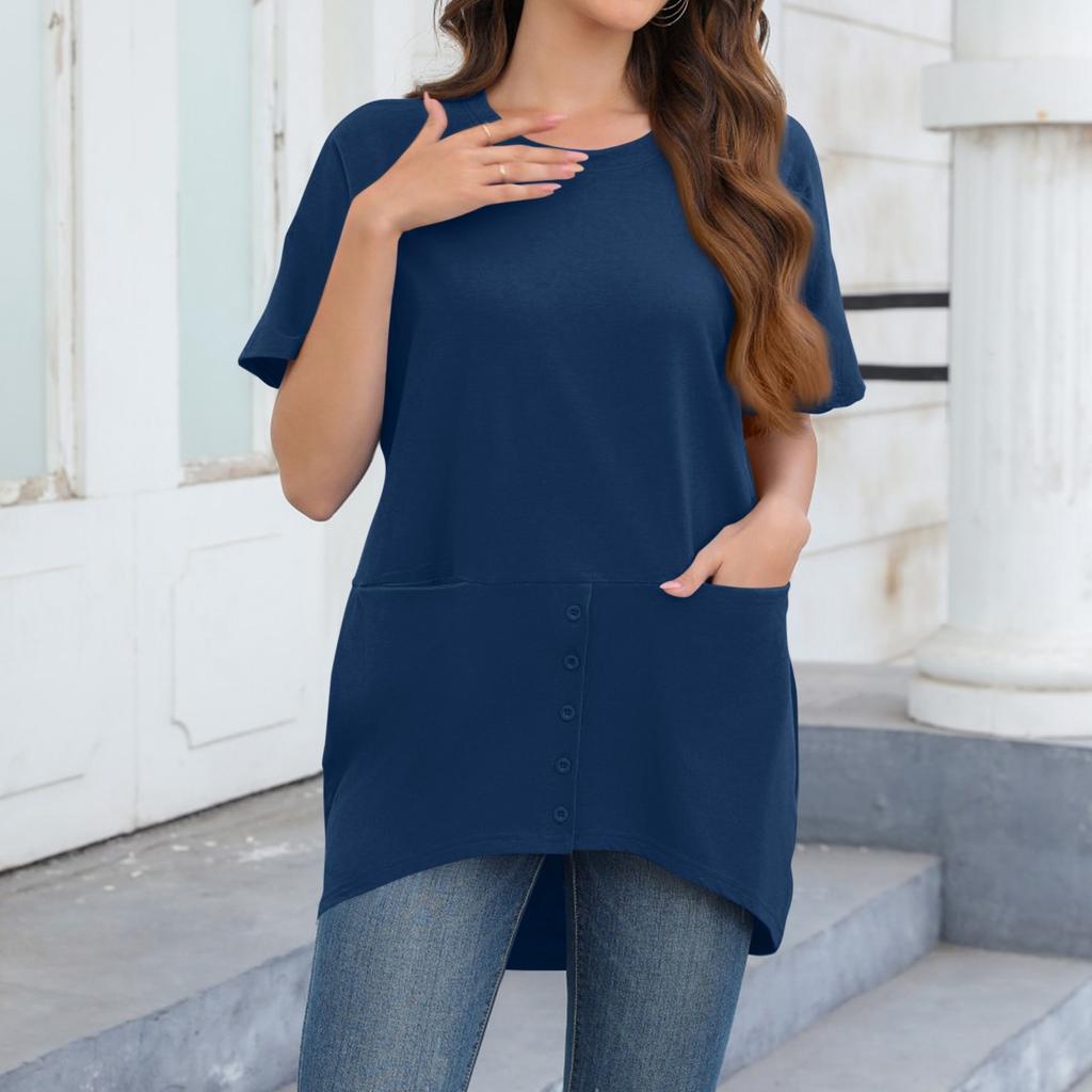 Женская повседневная однотонная свободная футболка с круглым вырезом и короткими рукавами большого размера с карманами