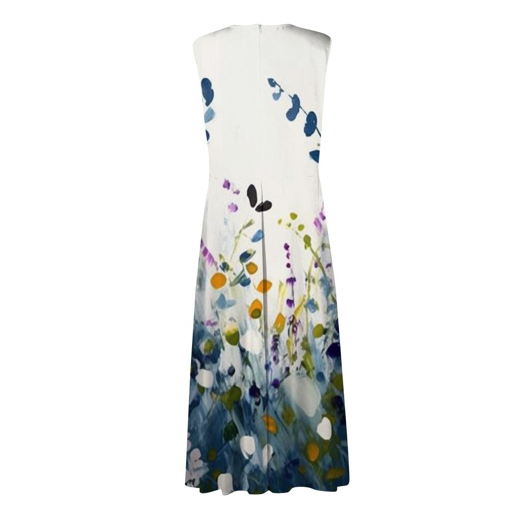 Женское длинное платье Платье макси Повседневное платье Свободное платье Платье трапециевидной формы Модная уличная одежда Платье без рукавов с v-образным вырезом и принтом даты