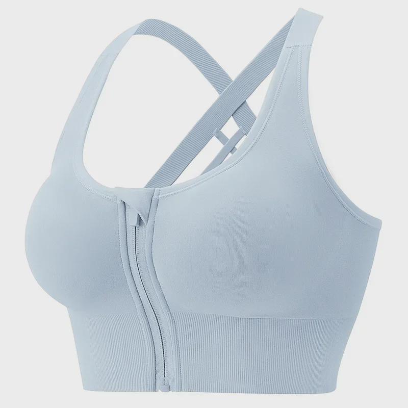 Shockproof Quick-Dry Sports Bra with Front Zipper and Gathered Back for Running and Yoga