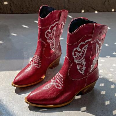 Вышитые Нескользящие Ботильоны до середины бедра Женская Верхняя одежда Осень 2025 Чанки Блок Каблук Вестерн Деним Большого размера Сапоги