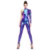 Women Metallic Shiny Jumpsuit Sheer Mesh Patchwork Single Long Sleeve Asymmetrical Catsuit Unitard Clubwear for Rave Party Night Out