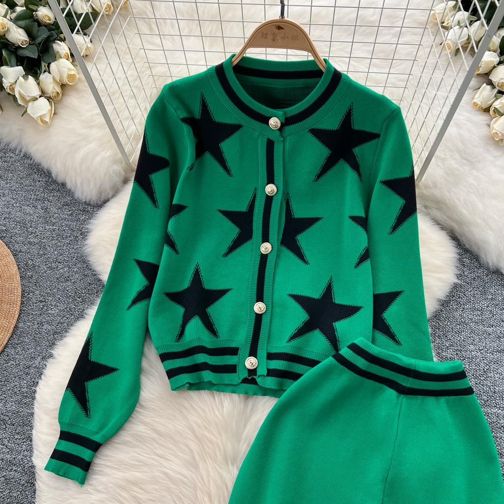 Осенне-зимний комплект из вязаного свитера с принтом звезд, женская куртка с длинным рукавом, пальто + брюки, спортивный костюм из двух частей