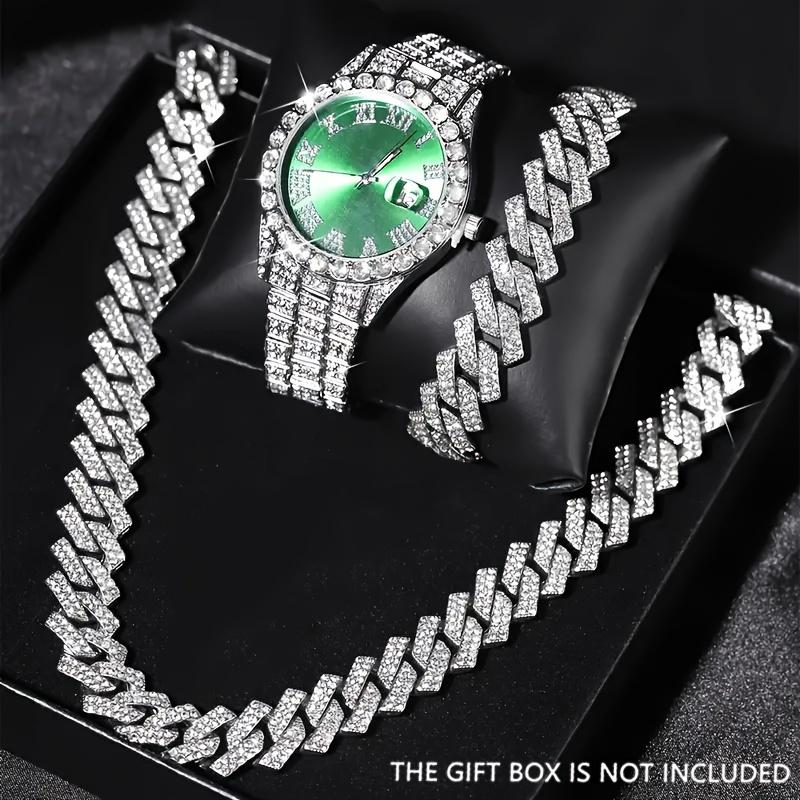 3 шт./компл. Круглые кварцевые часы со стразами, ремешок из сплава, корпус из сплава с указателем и серебристый браслет, ожерелье, подарок для женщин