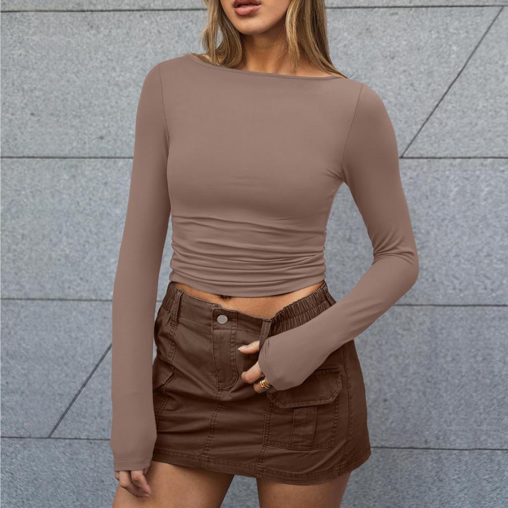 Женские рубашки с длинным рукавом, модные модели с круглым вырезом, укороченные топы, многослойные, облегающие топы