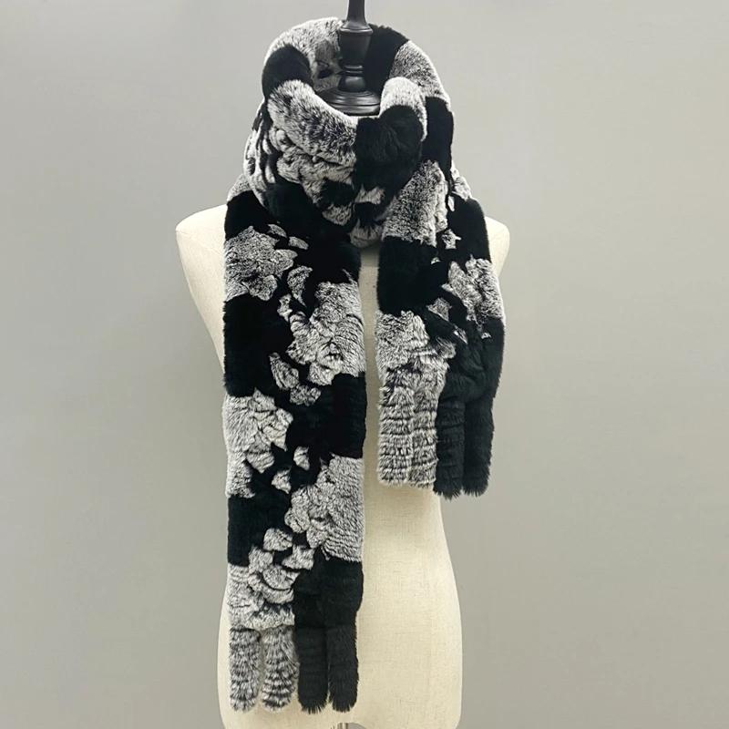 Шарф из натурального меха Пушистый длинный палантин Натуральный мех кролика рекс Ручной вязки Стильные женские шарфы Зимние палантины 180смx13см