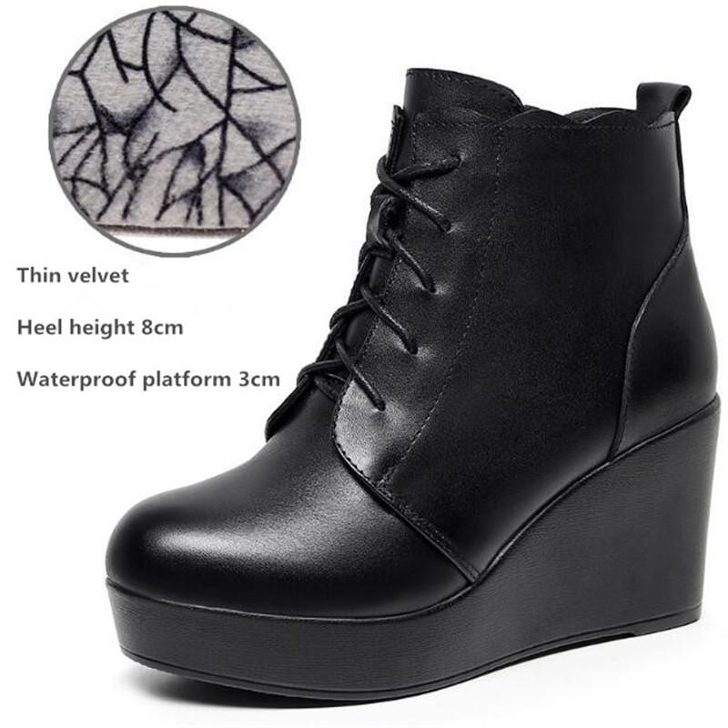Genuine Leather Autumn Winter Women Boots Warm Plush Ankle Boots Female Wedges Boots Women Platform High Heels Shoes Size 33-43
