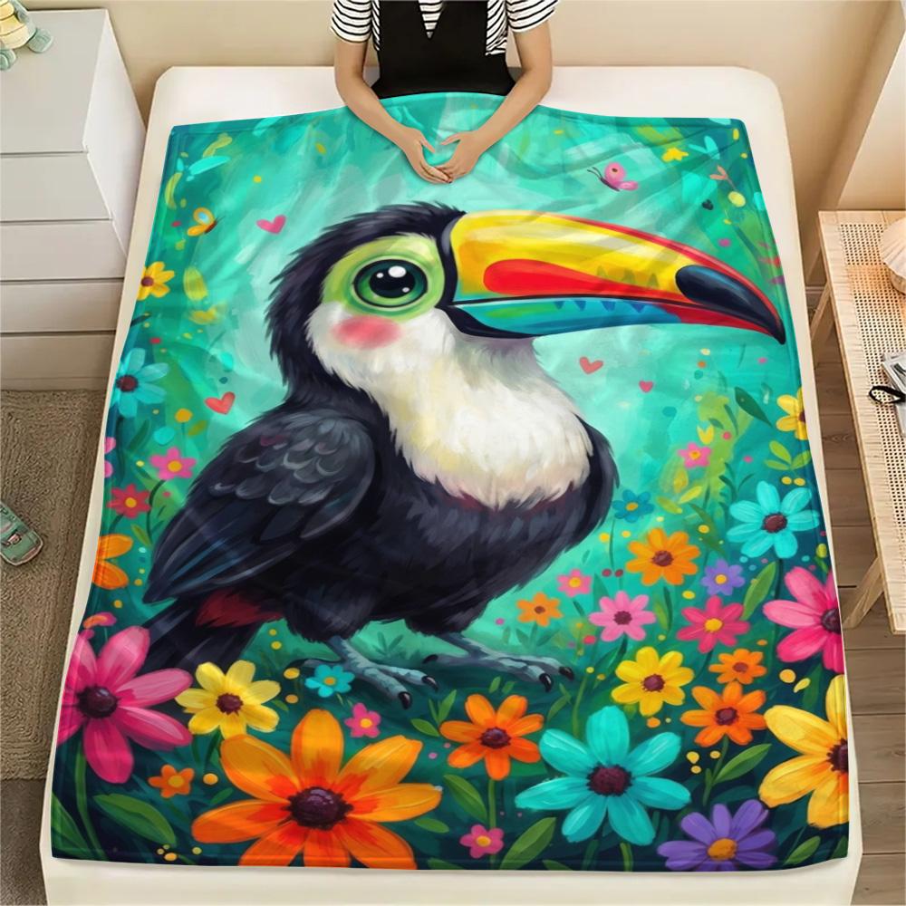 1PC Cute Toucan Art Print FlAannel Blanket, High quality Comfortable for All Seasons, Home Decor, Warmth and Comfort
