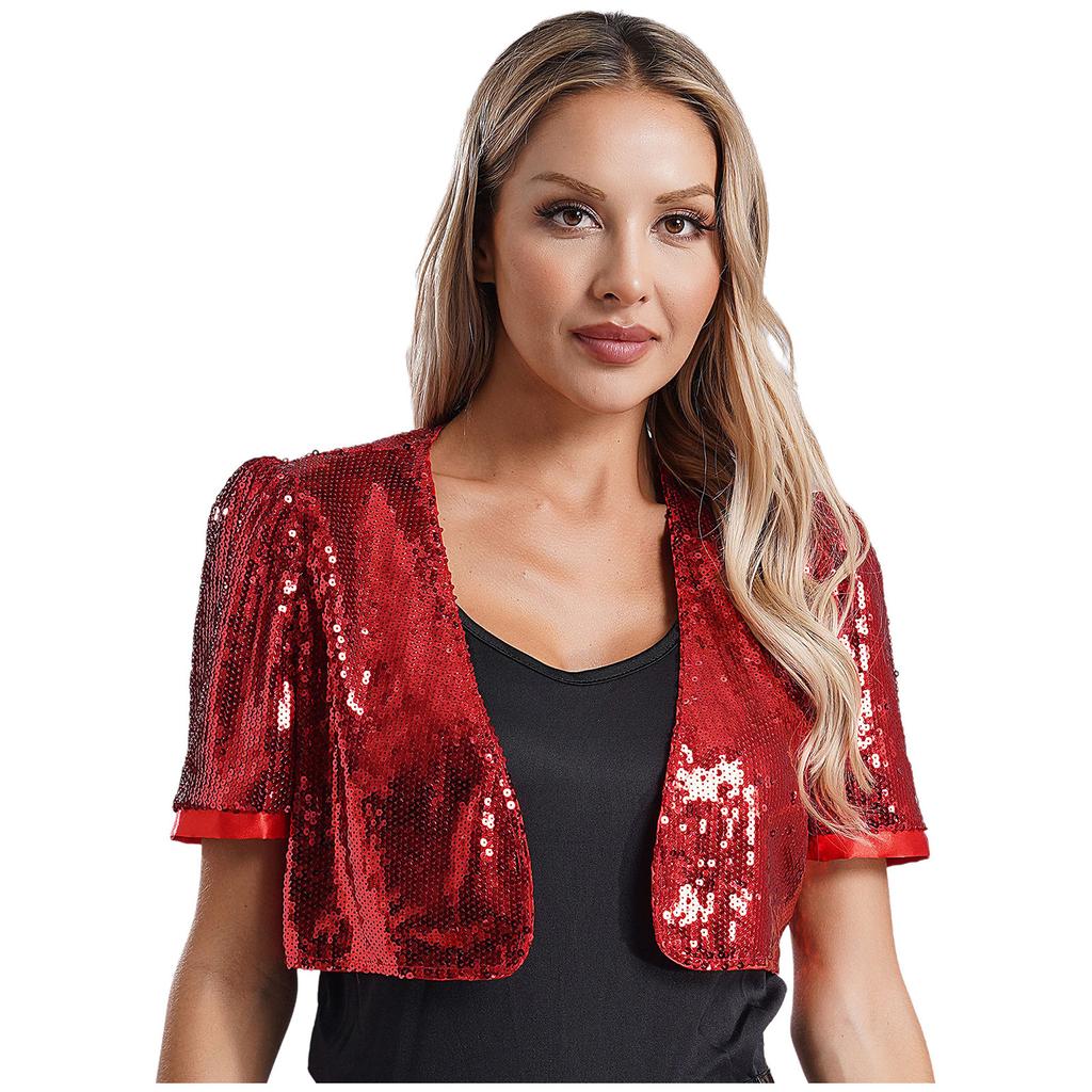 Womens Glitter Sequin Crop Jacket Short Sleeve Open Front Shiny Clubwear Party Outerwear Evening Cover Up