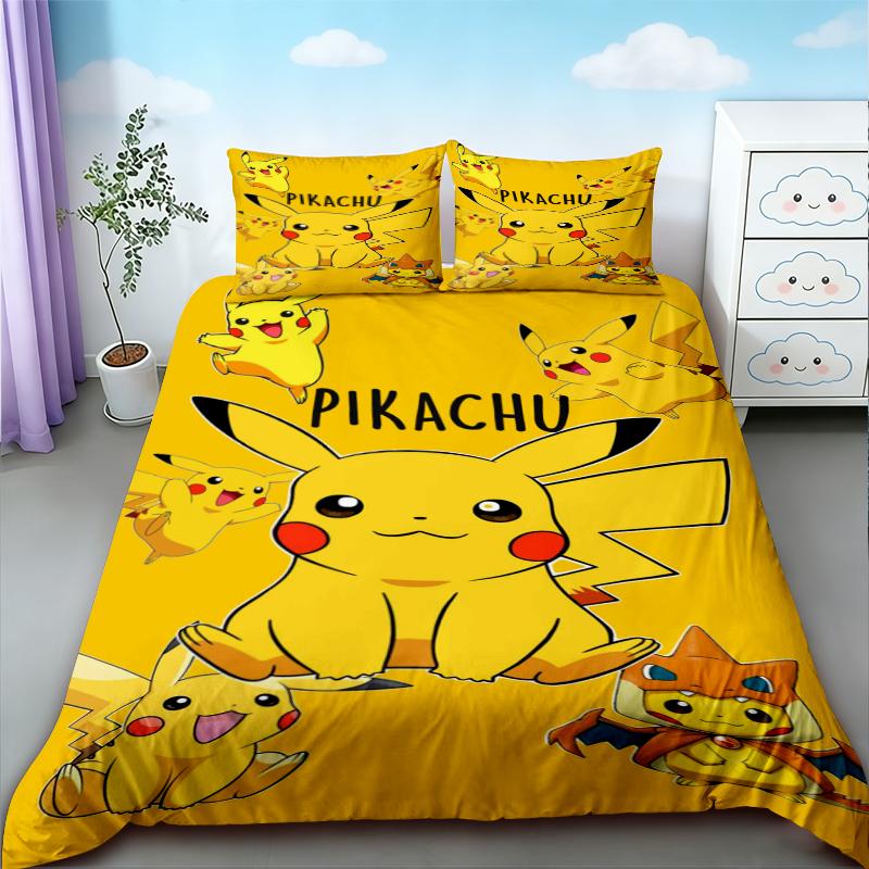 CDuvet Cover lassic P-Pikachu Print Bedding Set 3PC 1 2Pillowcases Adult and Children Bedding Set Warm Gift for Family