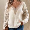Women Casual Sweater Sleeve Hollow Out Knitted Pullover Solid Color V-neck Sweater Women's Top