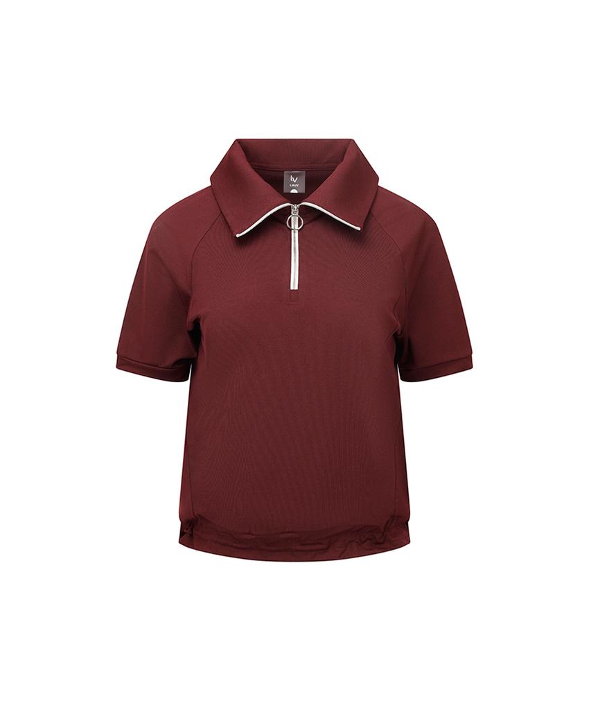 LAUV Wide Collar Zip-Up T-Shirt_Wine