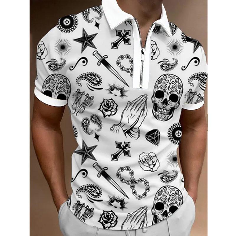 Trendy Short-sleeve Polo Shirt with Checkered Graphic, Zipper Collar, Stylish 2 Tone Design.
