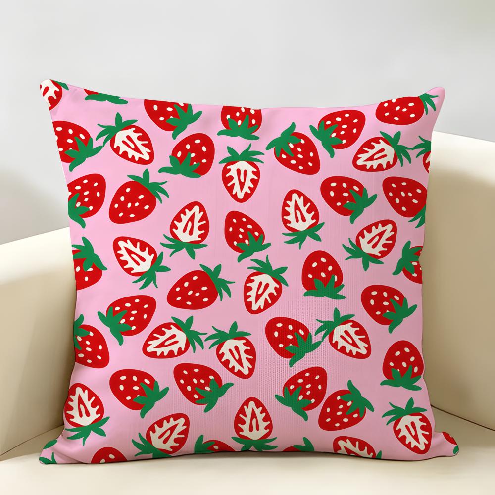 Cute Strawberry Girl Pink Cushion Cover Natural Linen Organic Fabric DoubleSided Printing Room Sofa Decor Pillow Case