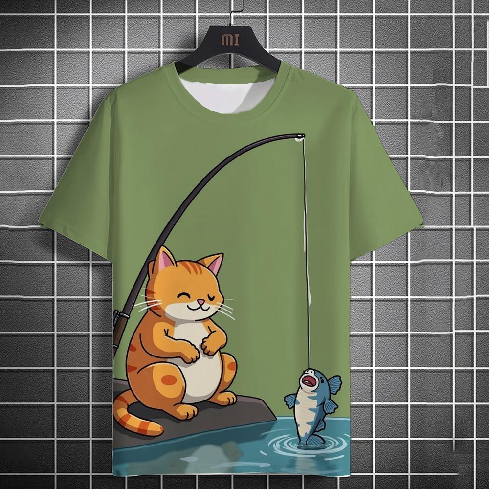 Мужская футболка с 3D-принтом «Пляж, ловля рыбы, котенок», футболка с коротким рукавом, повседневная футболка с круглым вырезом, полиэстер