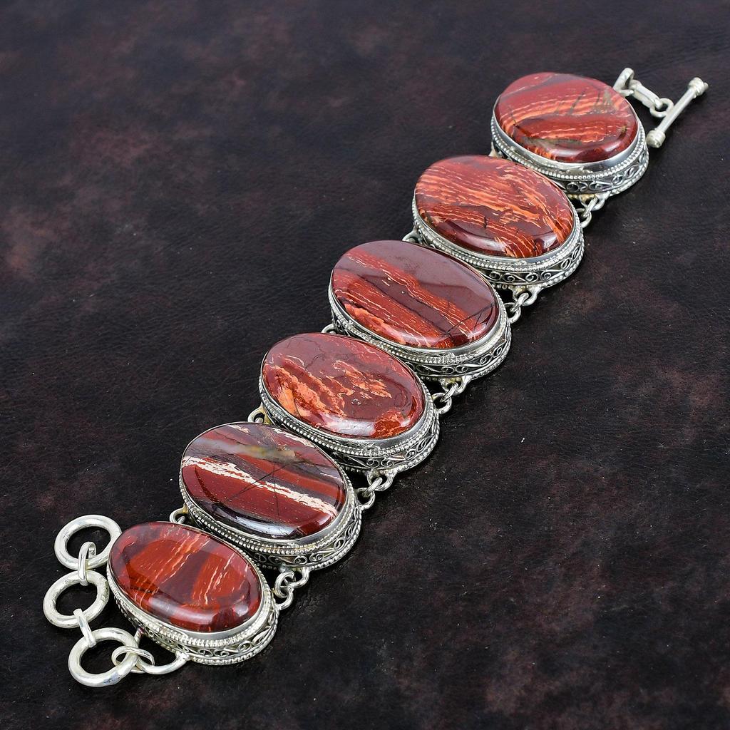 Red Snakeskin Jasper Bracelet Handmade Gemstone Jewelry 925 Sterling Silver Bracelet Adjustable Chain Bracelet Vintage Bracelet Gift For Mom