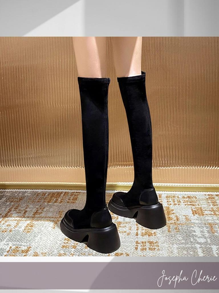 Сапоги до колена на толстой подошве Короткие сапоги Сапоги Сапоги до колена Сапоги на платформе Сапоги-носки Сапоги из натуральной кожи Длинные сапоги Водонепроницаемый черный каблук из овчины
