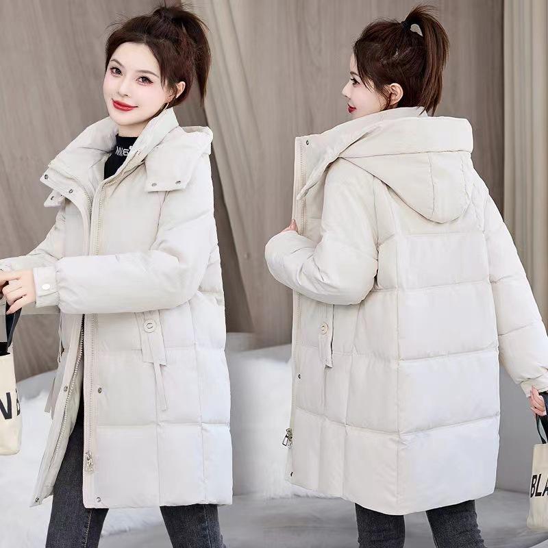 Winter New Women's Mid-Length Down Cotton Jacket with Hood Korean Style Simple Versatile Thickened Warm Cotton Coat