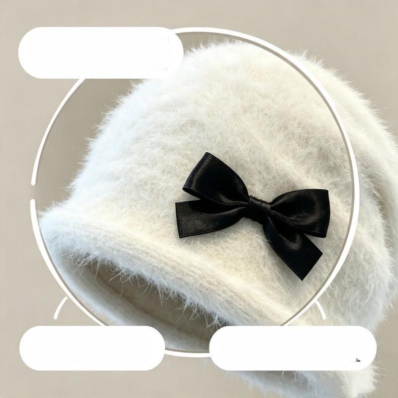 Women Skull Cap Winter Large Size Bow Decor Faux Fur Mohair Warm Hat Slouchy Beanie Autumn Fuzzy Plush Casual Soft Outdoor Hat