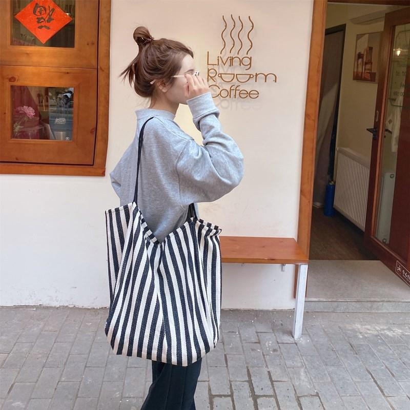 Холщовая сумка большой вместимости для женщин, модная полосатая сумка на плечо, новая сумка с верхней ручкой, дорожная сумка, сумка для покупок