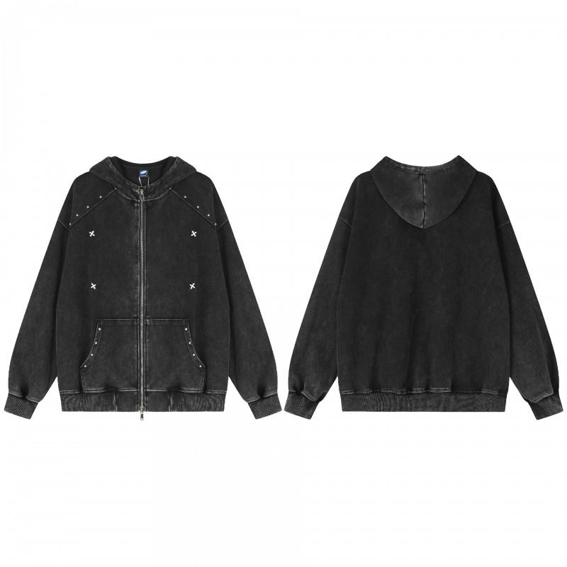 Mens Oversized Hooded Zip-Up Sweatshirt With Rivet Detail Waterwashed Cotton Blend Streetwear Fall Jacket
